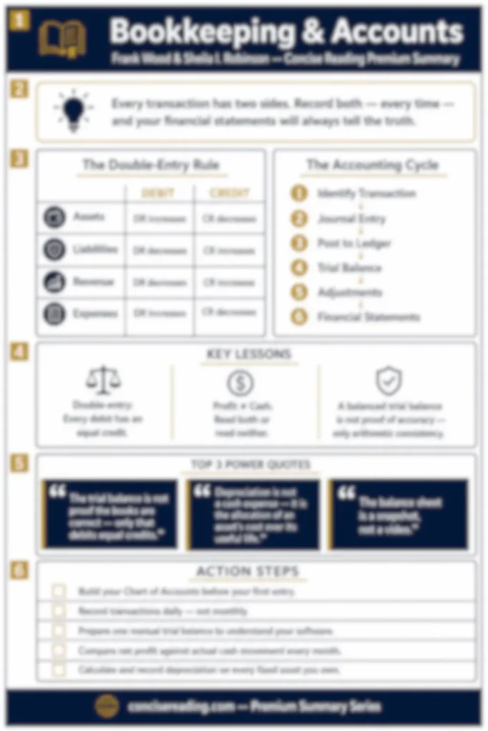 Blurred preview of the Bookkeeping and Accounts one-page cheat sheet from Concise Reading premium summary