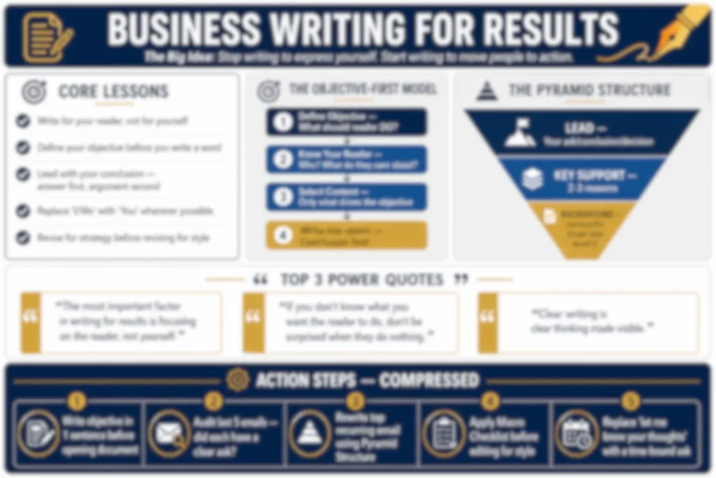Blurred preview of the Business Writing for Results one-page cheat sheet from the premium summary by Concise Reading