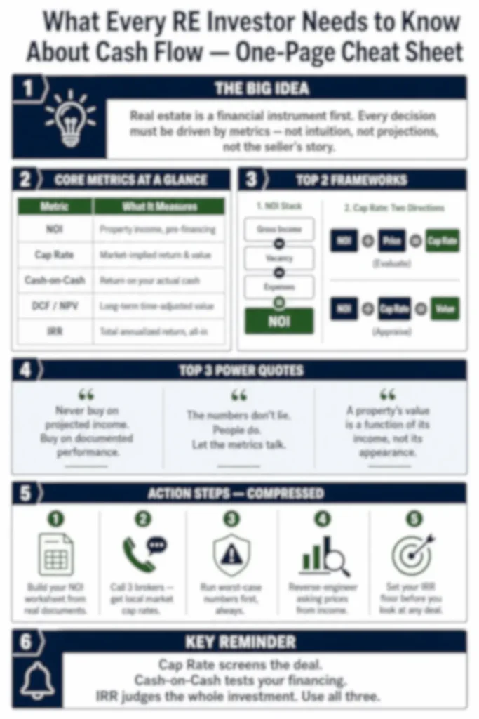 Blurred preview of the one-page cheat sheet from the premium summary of What Every RE Investor Needs to Know About Cash Flow