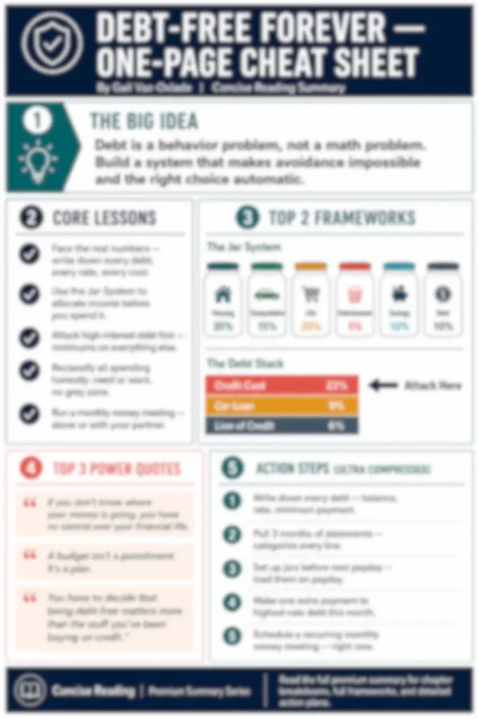 Blurred preview of the Debt-Free Forever one-page cheat sheet from the Concise Reading premium summary