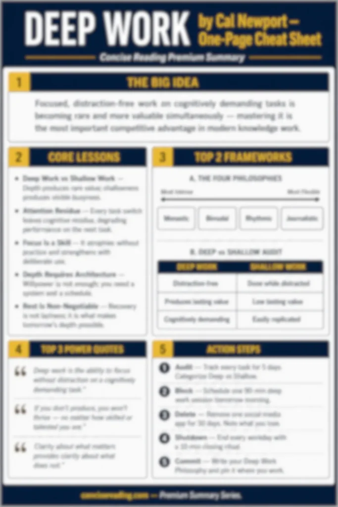 Text: Blurred preview of the Deep Work one-page cheat sheet included in the Concise Reading premium summary