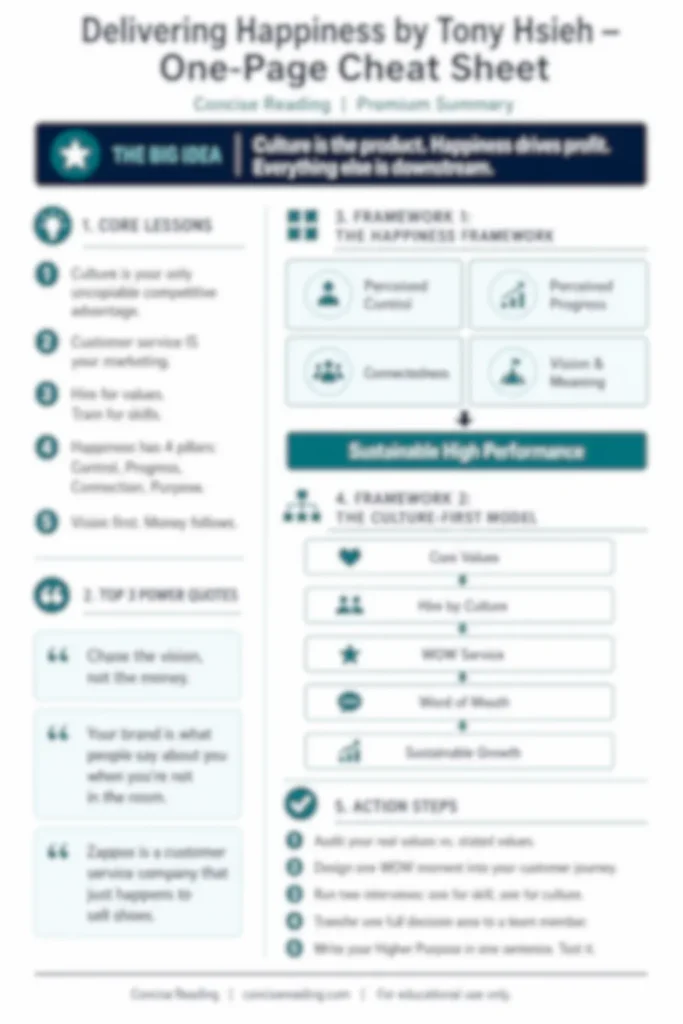 Blurred preview of the Delivering Happiness one-page cheat sheet included in the Concise Reading premium summary