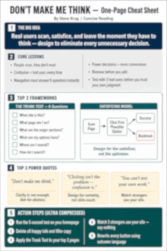 Blurred preview of the Don't Make Me Think one-page cheat sheet included in the Concise Reading premium summary