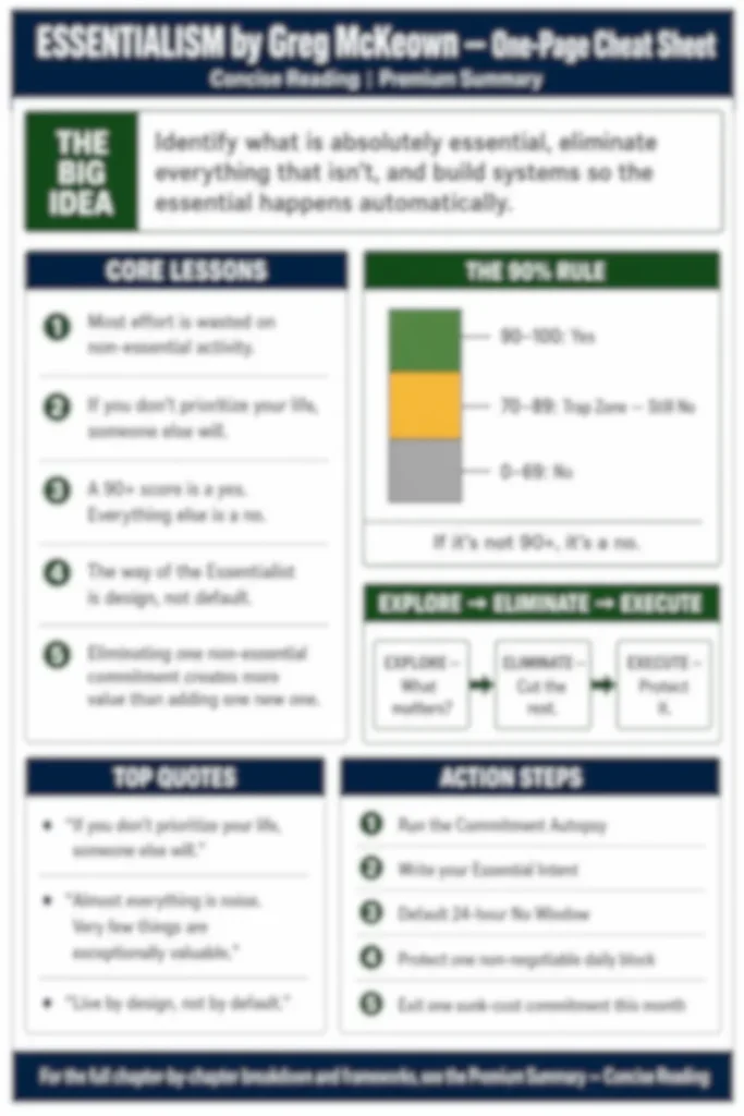 Blurred preview of the Essentialism one-page cheat sheet included in the Concise Reading premium summary