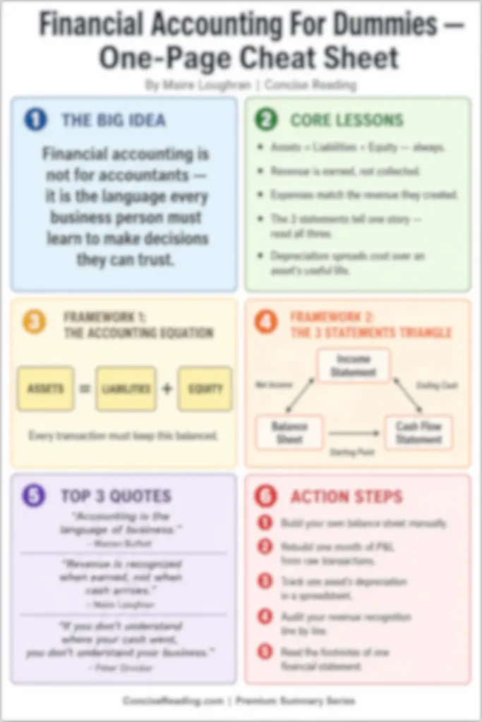 Blurred preview of the one-page cheat sheet from the Financial Accounting For Dummies premium summary by Concise Reading