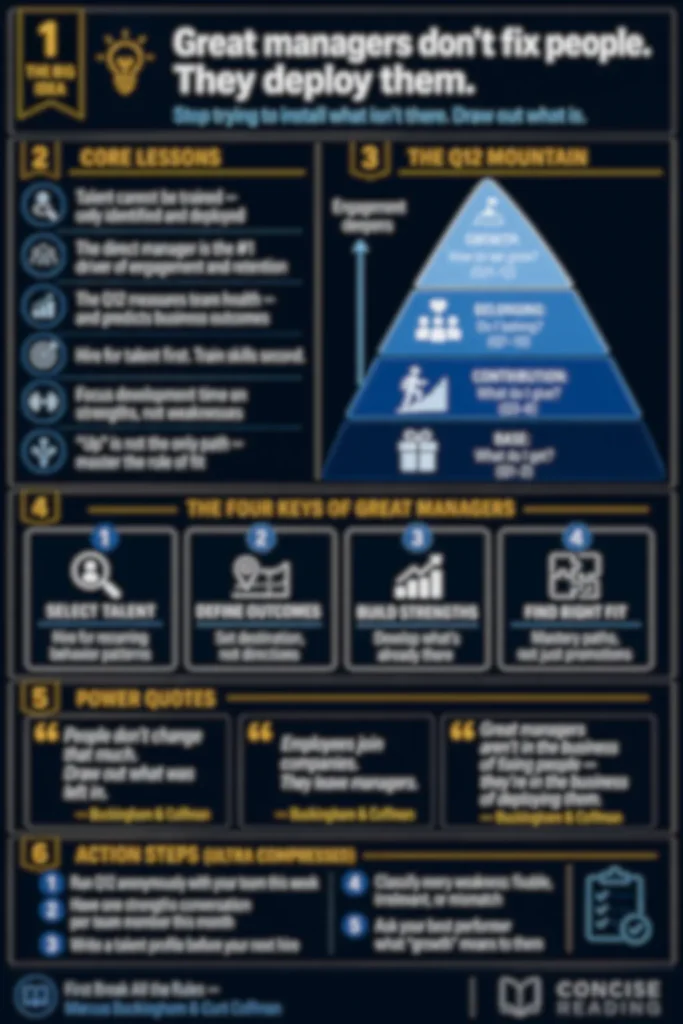 Blurred preview of the First Break All the Rules one-page cheat sheet from Concise Reading's premium summary — includes the Q12 framework, Four Keys of great managers, power quotes, and compressed action steps