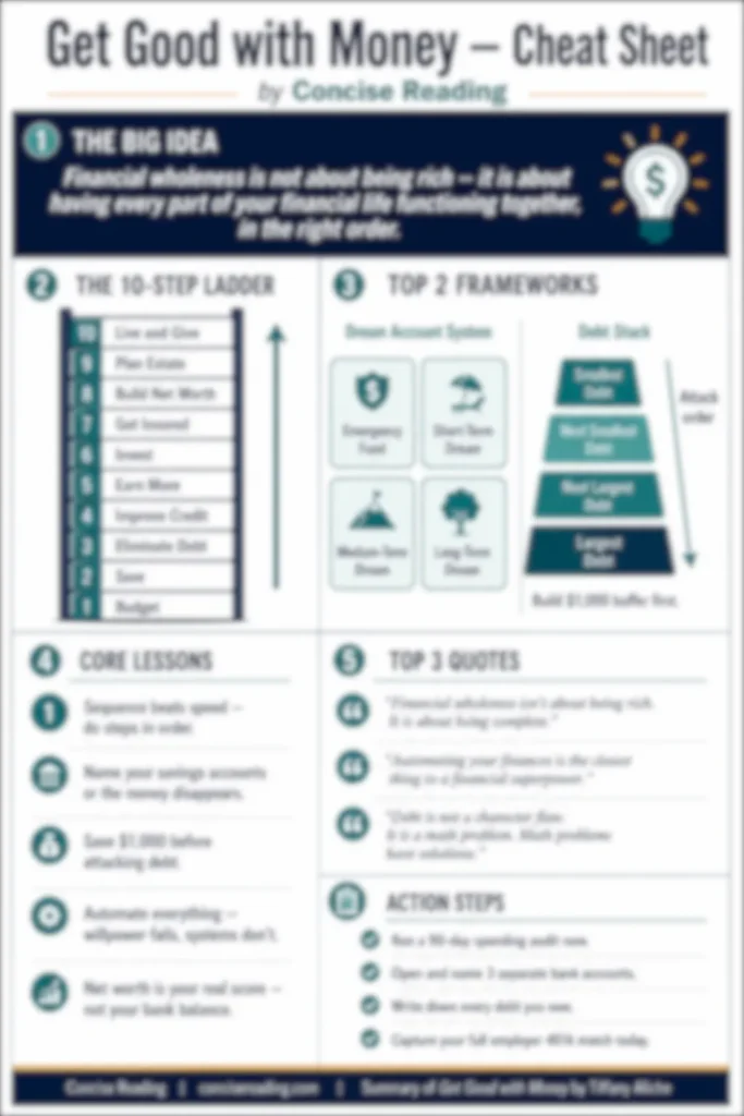 Blurred preview of the Get Good with Money one-page cheat sheet from Concise Reading premium summary