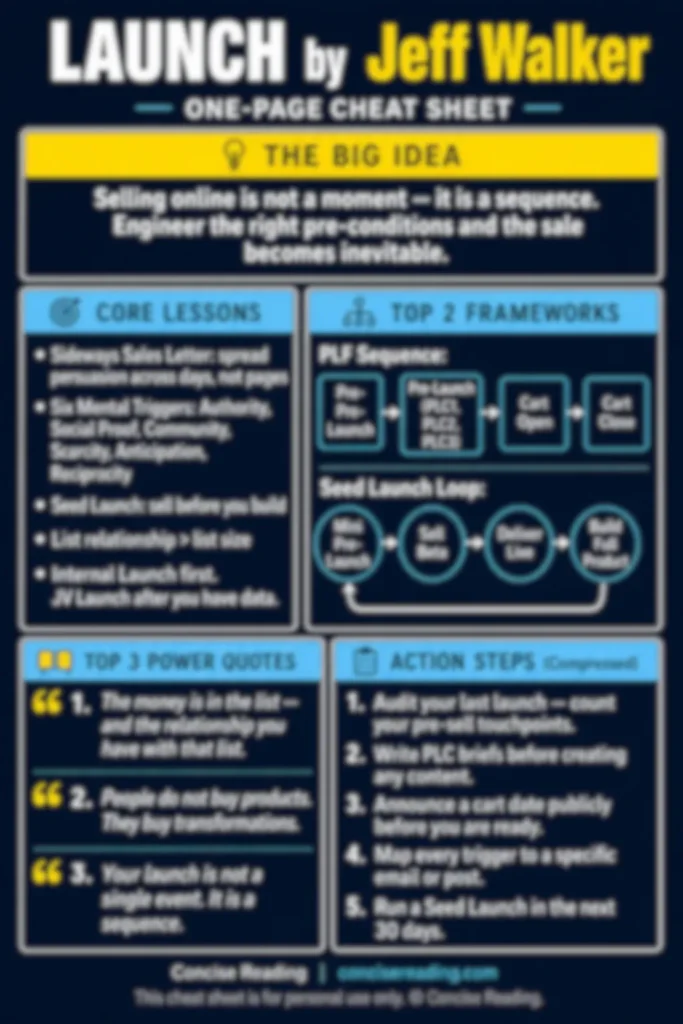  Blurred preview of the Launch by Jeff Walker one-page cheat sheet — available in the premium summary by Concise Reading
