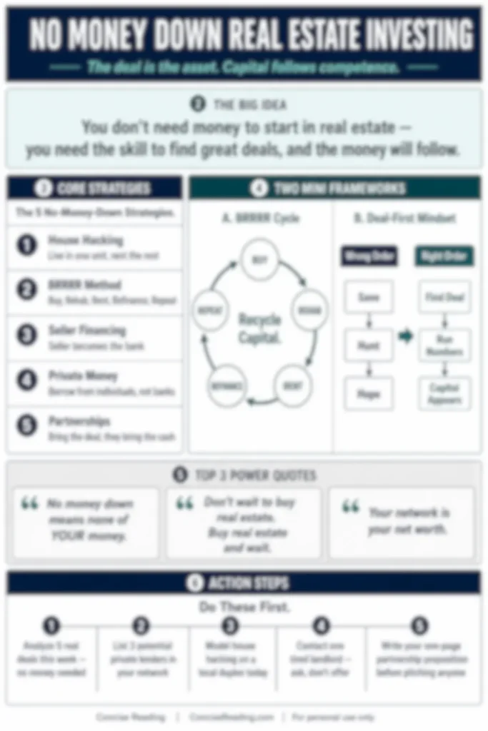 Blurred preview of the one-page cheat sheet from the premium summary of The Book on Investing in Real Estate with No Money Down by Brandon Turner — Concise Reading