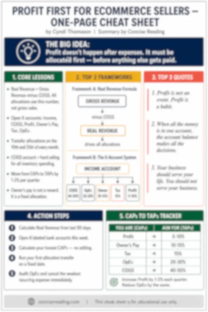 Blurred preview of the Profit First one-page cheat sheet included in the premium summary by Concise Reading