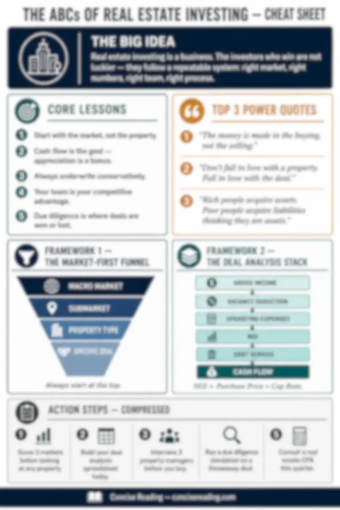 Blurred preview of the one-page cheat sheet from the premium summary of The ABCs of Real Estate Investing