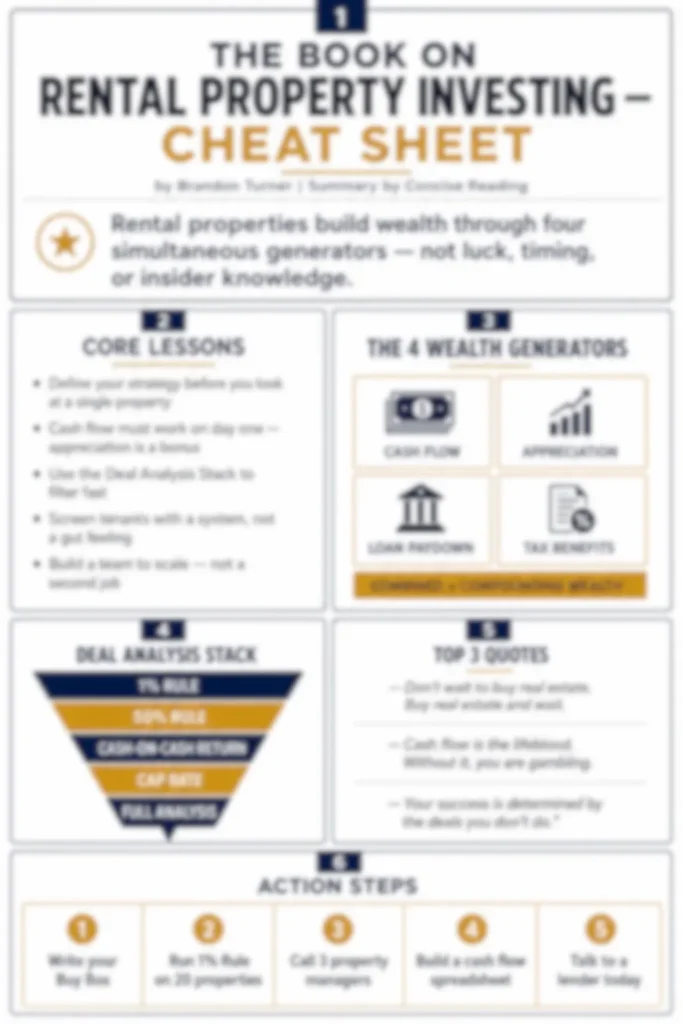Blurred preview of the one-page cheat sheet from the premium summary of The Book on Rental Property Investing by Brandon Turner