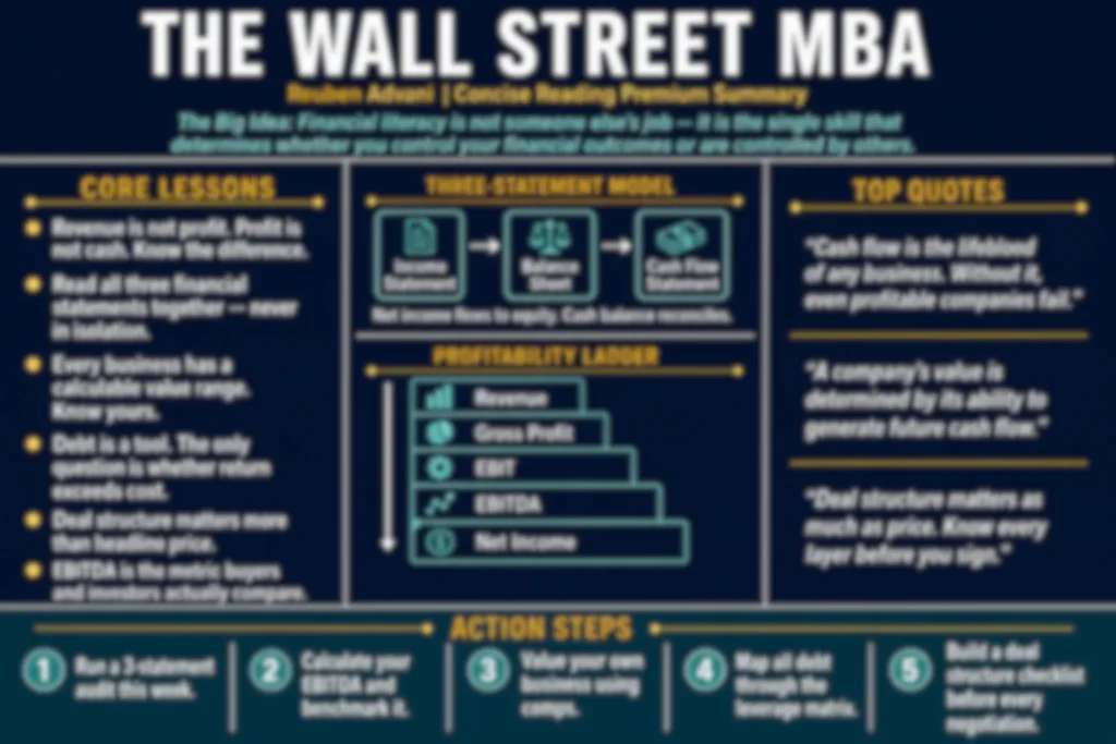 Blurred preview of The Wall Street MBA one-page cheat sheet — available in the Concise Reading premium summary