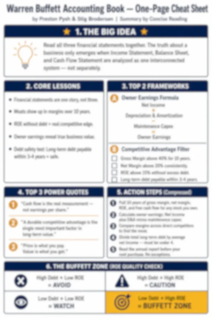 Blurred preview of one-page cheat sheet from Warren Buffett Accounting Book premium summary by Concise Reading